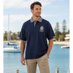 Mens Navy Blue Polo Shirt Green Island Great Barrier Reef Australia Large Cotton